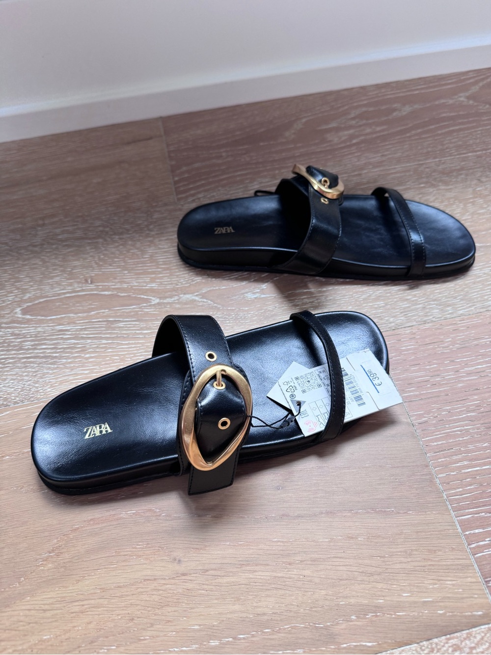 ZARA Black Slide Sandals with Oversized Gold Buckle - Picture 4 of 5
